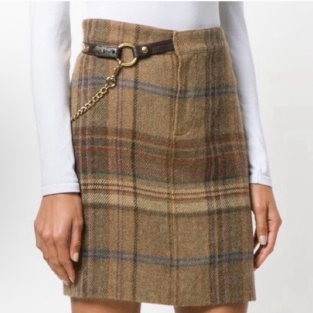 RALPH LAUREN BLUE LABEL - Luxe Wool Mini Skirt with Logo Gold Chain